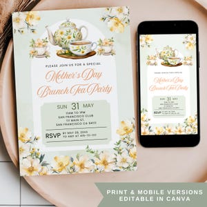 May include: Printable invitation for a Mother's Day brunch tea party. The invitation features a watercolor illustration of a teapot and teacups with floral accents. The text on the invitation reads "Please join us for a special Mother's Day Brunch Tea Party" and includes the date, time, location, and RSVP information.