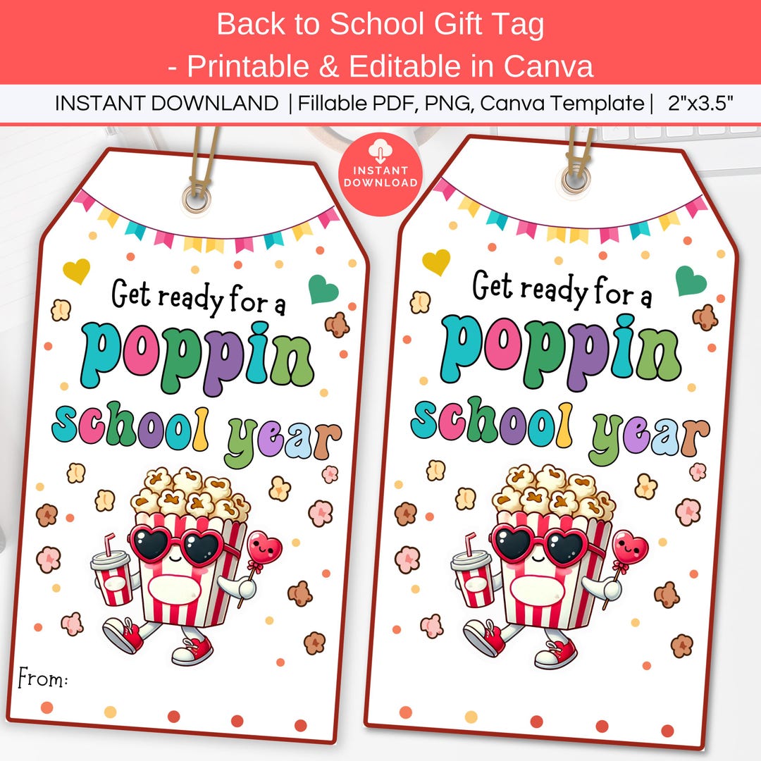 Back to School Popcorn Tag Printable, First Day of School Gift Tags ...