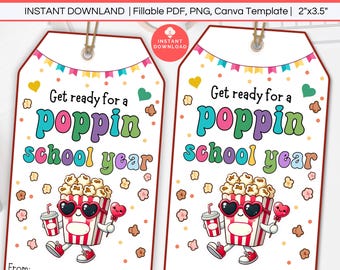 Back to School Popcorn Tag Printable, First Day of School Gift Tags, Printable Classroom Treat, First Day Of Kindergarten, Class Party Favor