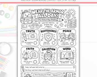 Armor of God Coloring Worksheet For Kids Printable, Christian Back to School Coloring Page, Sunday School Homeschool Church Vbs Activity