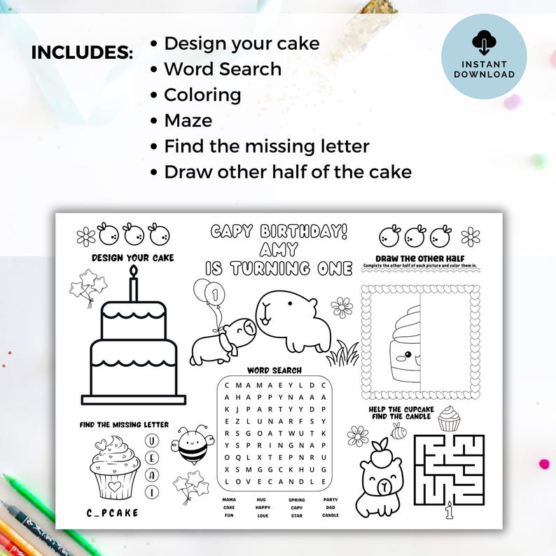 Capybara Birthday Party Coloring Page Activity Placemat Editable, Capy ...