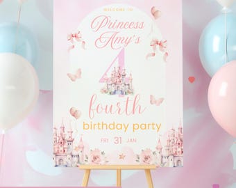 Prinzessin Geburtstag Willkommensschild Poster bearbeitbare Vorlage, rosa Schleife Aquarell Schloss Vier überhaupt ein Prinzessin Mädchen Royal 4.Geburtstag Party Dekor