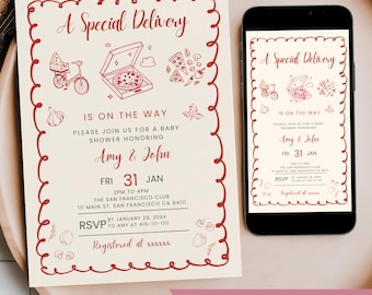 Special Delivery Pizza Baby Shower Invitation Editable, Hand Drawn Style Italian Coed Baby Shower Mobile Phone Text Digital Party Invite