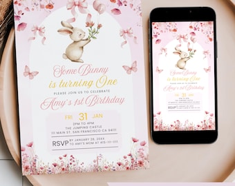 Editable Some Bunny is Turning One Birthday Invite, Mobile Phone 1st Birthday Text Invitation, Pink Watercolor Wild Flower Floral Girl Party