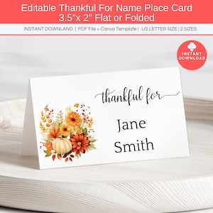 Thanksgiving Place Card Canva Template, Editable Thank You Place Card, Printable Thankful Place Card, Friendsgiving Fall Table Tent Cards