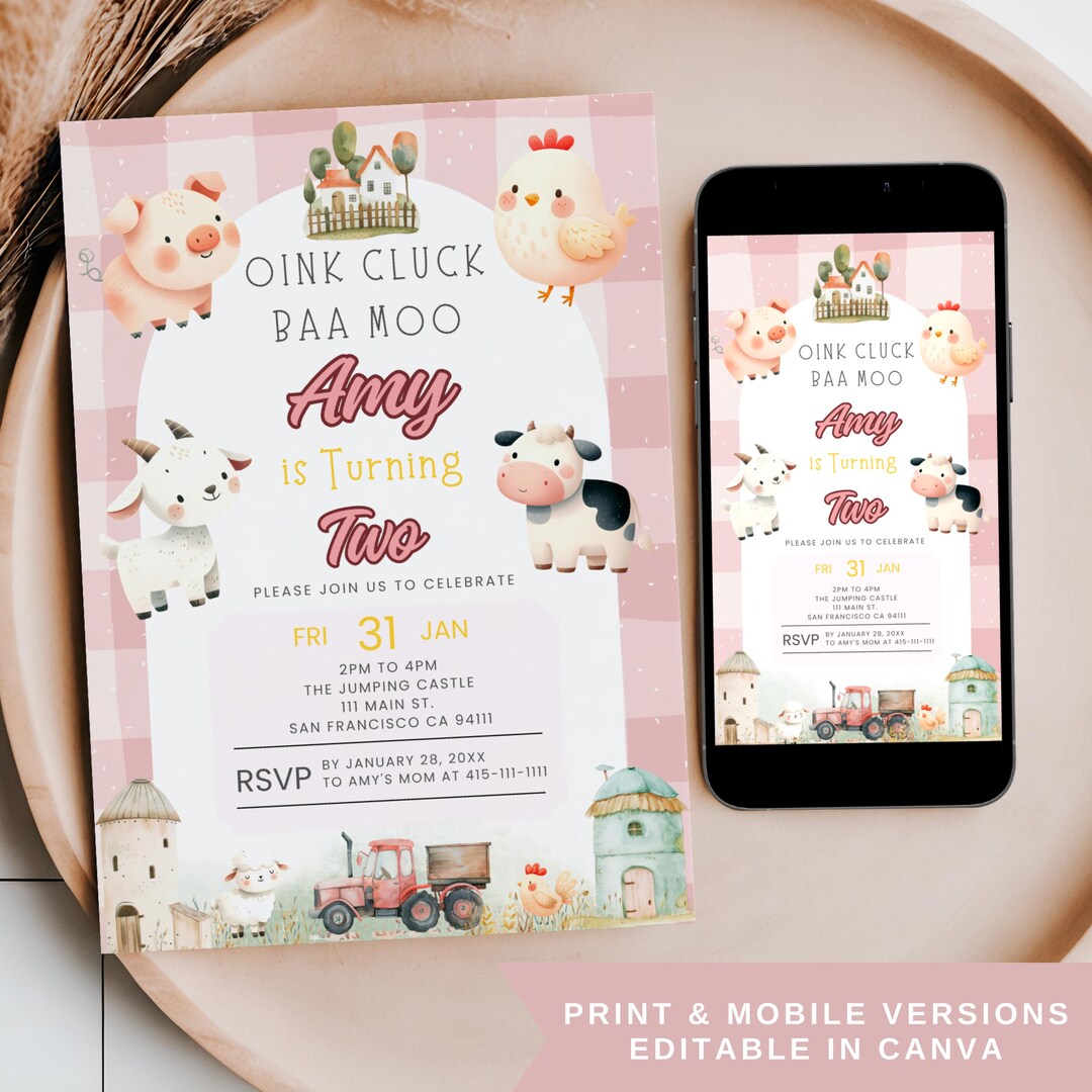 Oink Cluck Baa Moo Farm Animal Birthday Invitation, Editable Pink 2 ...