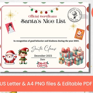 Certificato Nice List di Babbo Natale, Lettera dell'elfo di Babbo Natale, Certificato Nice List di Babbo Natale PDF modificabile Lettera USA e formato A4 PNG, Natale Natale