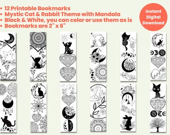 12 Printable Coloring Bookmarks Cats and Rabbits Set, Mystic Celestials Theme Bookmarks, Mandala Coloring, Black & White Cute Bookmarks