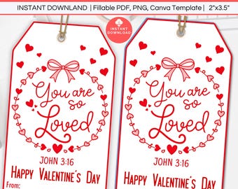 Christian Valentine Gift Tag Editable, Printable Loved Bible Verse John 3:16 Tag, Religious Scripture Church Sunday School Party Favor