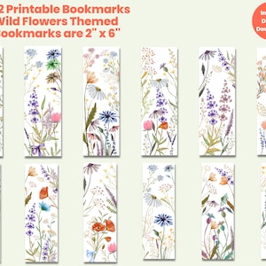 12 Wild Flower Themed Printable Bookmark Set, Watercolor Floral Flower Bookmarks, Instant Digital Download, Watercolor Bookmarks Bundle