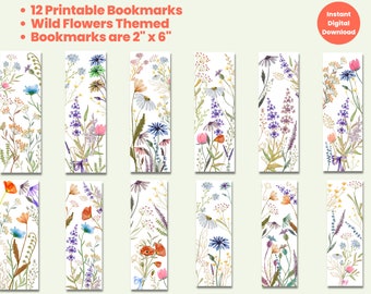 12 Wild Flower Themed Printable Bookmark Set, Watercolor Floral Flower Bookmarks, Instant Digital Download, Watercolor Bookmarks Bundle