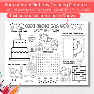 Feuille de napperon activité fête d&#39;anniversaire animaux de la ferme à colorier, feuille de napperon, oink gloussement Baa Moo, j&#39;ai 2 ans modifiable vache de basse-cour kid cotillons imprimable
