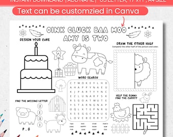 Farm Animal Birthday Party Coloring Page Activity Placemat Sheet, Oink Cluck Baa Moo I'm 2 Editable Barnyard Cow Kid Party Favors Printable