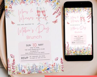 Moms & Mimosas Mother's Day Brunch Invite Editable, Flower Floral Breakfast Party Invitation, Grandma Aunt Digital Mobile Phone Text Invite
