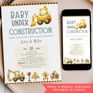 Puede incluir: Una invitación a un baby shower con temática de construcción. La invitación presenta un gráfico de excavadora amarilla y el texto "Baby Under Construction". La invitación incluye detalles del evento e información de RSVP.