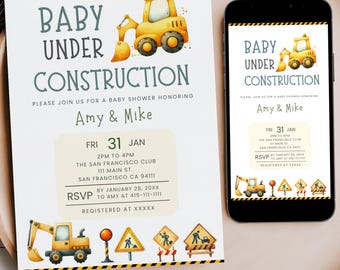 Construction Baby Shower Invite Editable, Excavator Invitation, Baby Under Construction Vehicle Dump Truck Mobile Phone Text Invite Template
