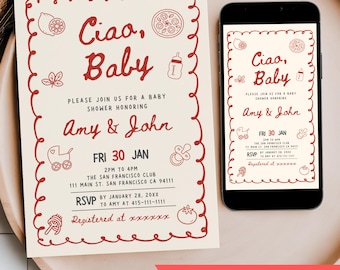Ciao babyshowerinbjudan, redigerbar italiensk temainbjudningsmall, handritad klotter könsneutral mobiltelefontext digital festinbjudan