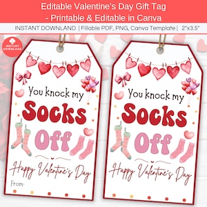 Etykieta na prezent walentynkowy You Knock My Socks Off do wydrukowania, edytowalna etykieta na prezent w kształcie skarpetki Fuzzy Sock z okazji Walentynek, etykieta na upominek dla dzieci w klasie bez słodyczy