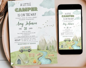 Little Camper On The Way Baby Shower Invitation, Editable Camping Adventure Gender Neutral Nature Theme Mobile Phone Text Invite Template