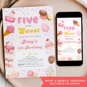 May include: A birthday party invitation with a pink and yellow color scheme. The invitation features the text "Five is so Sweet" and "Amy's 5th Birthday". The invitation is decorated with illustrations of cupcakes, ice cream cones, and macarons.