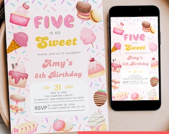 Five Is So Sweet Birthday Invitation, Editable Pink Girl Cookie Cupcake Dessert Candy 5th Birthday Party, Turning 5 Mobile Phone Text Invite