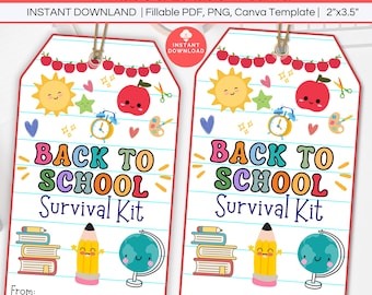 Back to School Survival Kit Gift Tag Printable, Editable First Day of School Back to School Teacher Appreciation Basket, Student Favor Tags