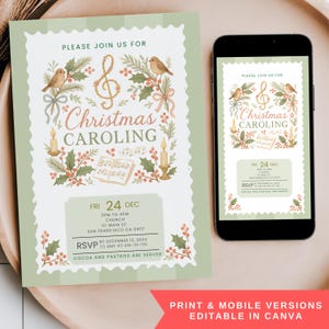 Puede incluir: Una invitación de villancicos navideños con un fondo verde claro y un borde decorativo. El diseño incluye notas musicales, pájaros, acebo y velas. Un teléfono inteligente muestra la misma invitación. El texto dice "Christmas Caroling".