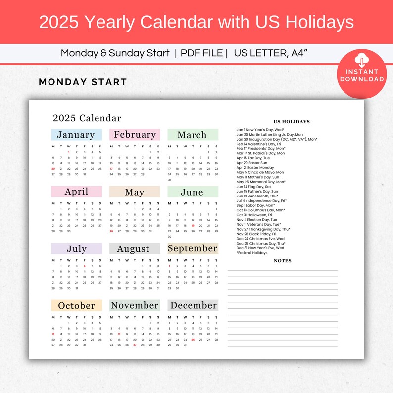 2025 Yearly Calendar With Holidays One Page, Single Page Yearly