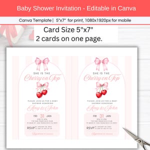 She is the Cherry on Top Baby Shower Invitation, Editable Pink Coquette Bow Theme Girl Baby Shower Mobile Phone Text Digital Party Invite