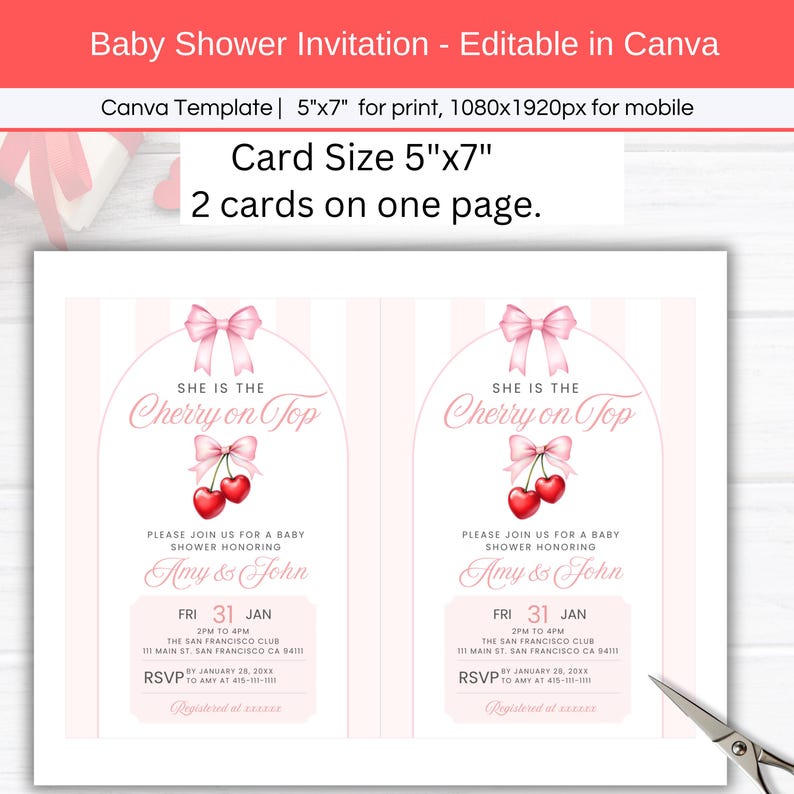 She is the Cherry on Top Baby Shower Invitation, Editable Pink Coquette Bow Theme Girl Baby Shower Mobile Phone Text Digital Party Invite
