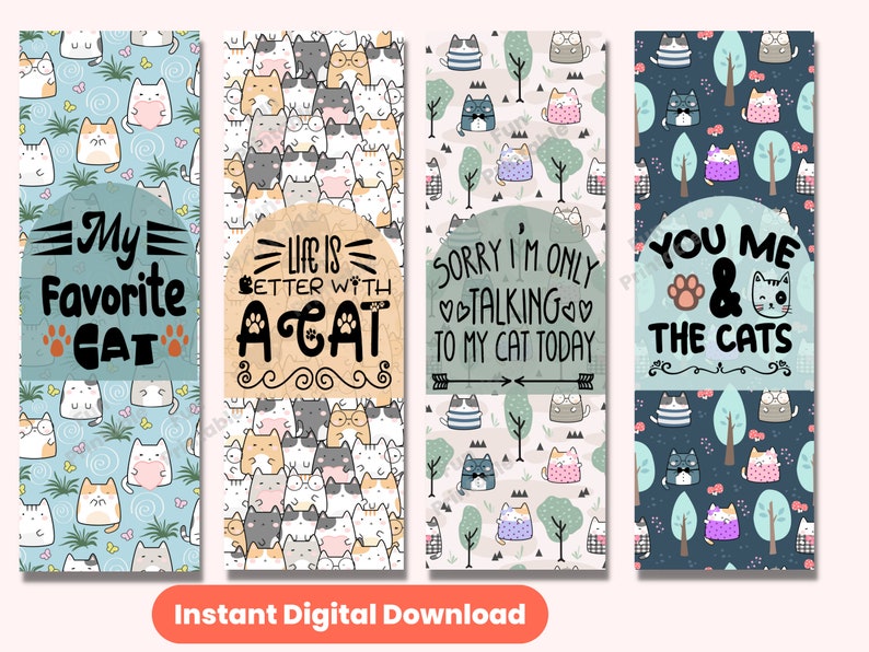 12 Printable Bookmarks Cats Theme With Funny Cat Quotes, Printable