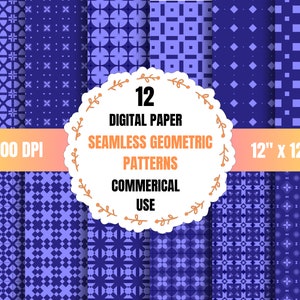 May include: Twelve digital paper seamless geometric patterns in shades of blue. The patterns are 12 inches by 12 inches and 300 DPI.