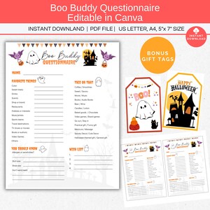 Editable Halloween Boo Buddy Questionnaire, Gift Exchange Survey, Holiday Gift Swap Form For Office, Gift Exchange Game, Halloween Gift Tags
