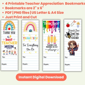 Printable Teacher Appreciation Bookmark Set, Teacher Bookmark, Thank You Gift Tags, Teacher Gifts, Set of 4 Bookmarks, Educator Gifts