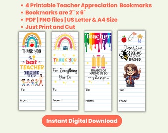 Printable Teacher Appreciation Bookmark Set, Teacher Bookmark, Thank You Gift Tags, Teacher Gifts, Set of 4 Bookmarks, Educator Gifts