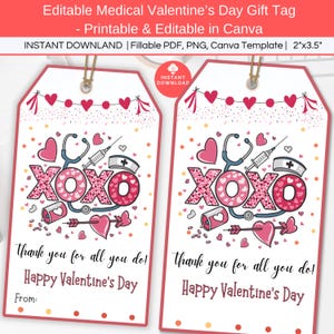Medizinischer Valentinstag Geschenkanhänger bearbeitbar, druckbar xoxo Valentinstag behandelt, Arzt Krankenschwester Wertschätzung Danke Valentinstag Geschenkanhänger