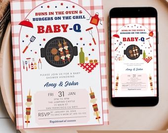 BBQ-thema Baby-Q babyshower uitnodiging, broodje in de oven barbecue thema uitnodiging bewerkbaar, genderneutraal mobiele telefoon tekst uitnodigingssjabloon
