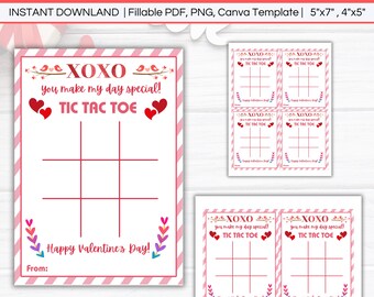 Tic Tac Toe Valentine's Day Cards, Editable Kids XOXO Valentine Gift Tags, Printable Classroom School Classmate Class Non-Candy Favor Label