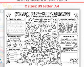 Fall For Jesus He Never Leaves Thanksgiving Fall Activity Placemat Coloring Sheet Printable, Sunday School Christian Homeschool Bible Lesson