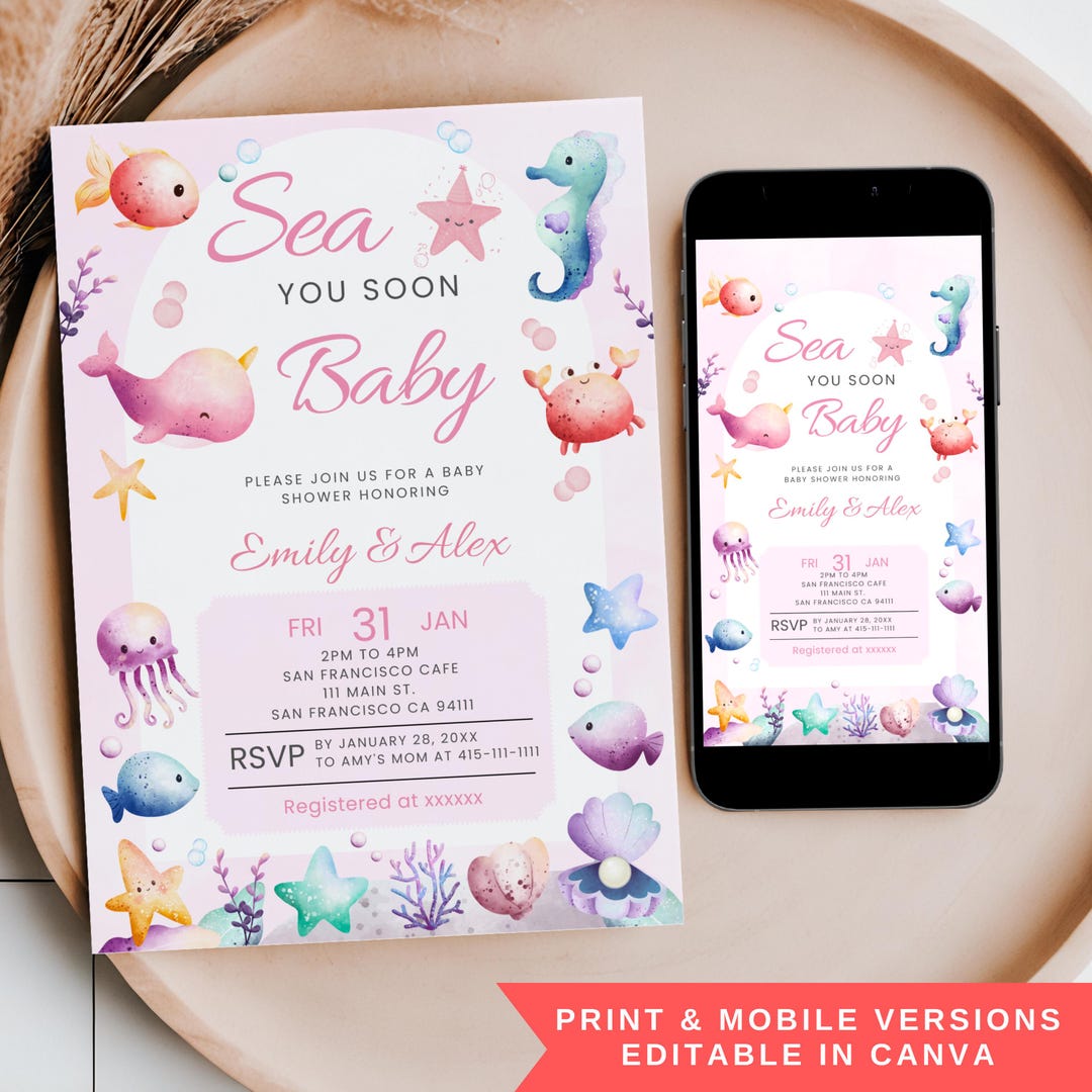 Sea You Soon Baby Shower Invite, Editable Girl Coastal Theme Invitation ...