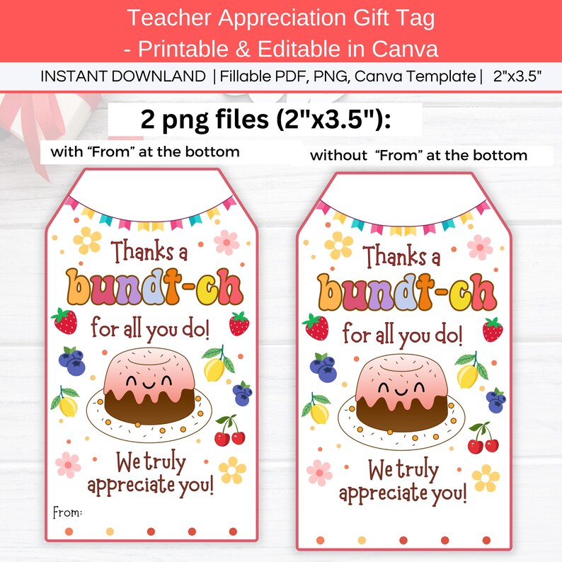 Thanks a Bundt-ch Tag Printable, Editable Bundt Cake Teacher Nurse ...