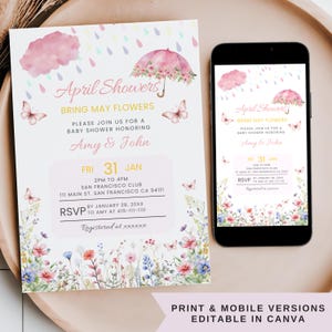 April Showers Bring May Flowers Baby Shower Invitation, Editable Pink Girl Spring Floral Umbrella Mobile Phone Text Digital Party Invite