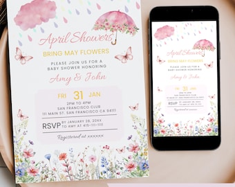 April Showers Bring May Flowers Baby Shower Invitation, Editable Pink Girl Spring Floral Umbrella Mobile Phone Text Digital Party Invite