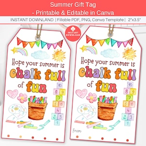 Zomerkrijtlabel bewerkbaar, stoepkrijt einde schooljaar cadeaulabel afdrukbaar, krijt vol plezier, leraar klas zomervakantie gunst