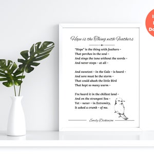 Hope is the Thing with Feathers by Emily Dickinson Printable Typography Poem Wall Art, Downloadable Minimalist Black White Quote Home Decor
