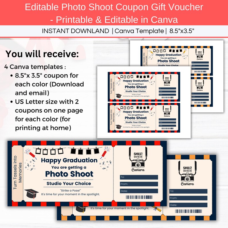 Photo Shoot Graduation Gift Coupon, Editable Photography Gift Voucher ...