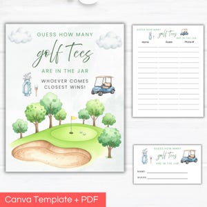 Pode incluir: Um conjunto de cartões de jogo com tema de golfe. O cartão principal apresenta uma ilustração em aquarela de um campo de golfe com o texto "Adivinhe quantos tees de golfe estão no pote". Inclui uma folha de palpites e um cartão menor.