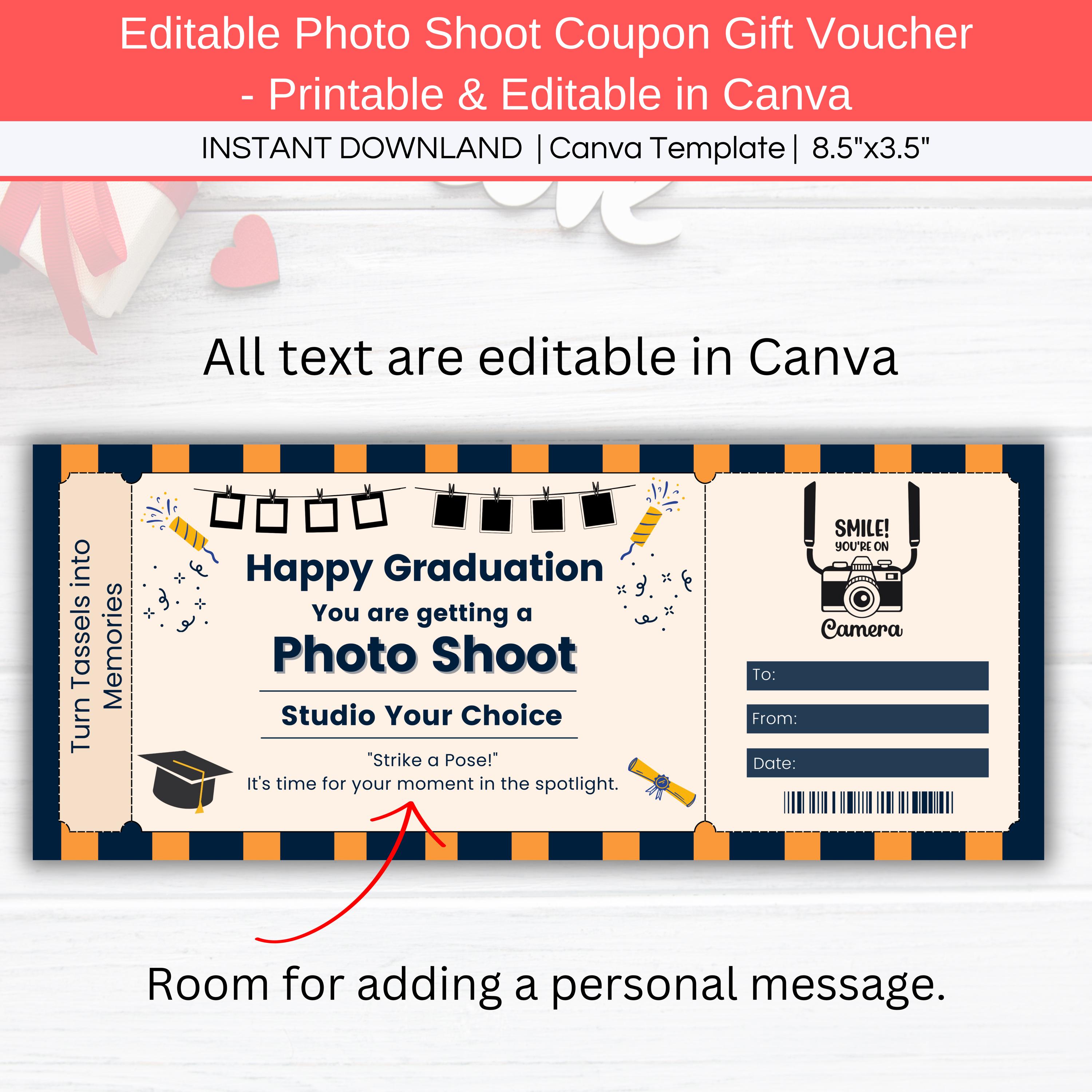 Photo Shoot Graduation Gift Coupon, Editable Photography Gift Voucher ...