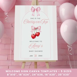 She is Cherry on Top Baby Shower Welcome Sign, Editable Pink Coquette Bow Theme Girl Baby Shower Party Welcome Table Decor Poster Board