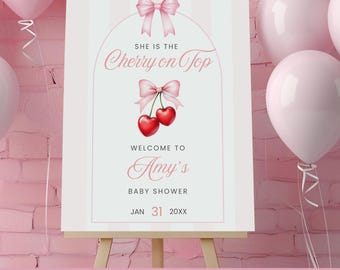She is Cherry on Top Baby Shower Welcome Sign, Editable Pink Coquette Bow Theme Girl Baby Shower Party Welcome Table Decor Poster Board
